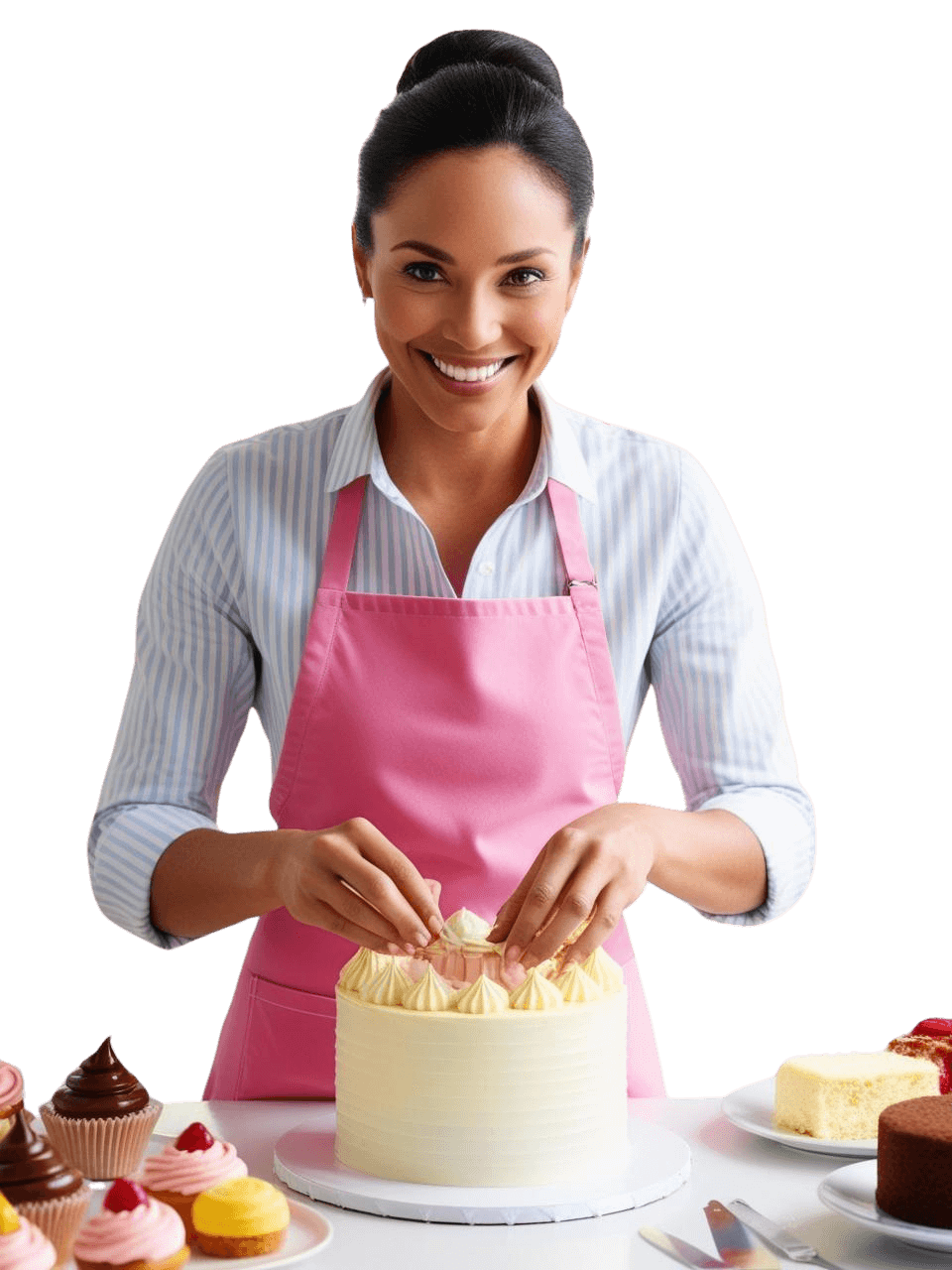 Confeiteira profissional decorando bolo artesanal - Conheça o Confeitaria Agenda para gestão da sua confeitaria Mulher confeiteira sorridente decorando um bolo redondo com glacê e confeitos